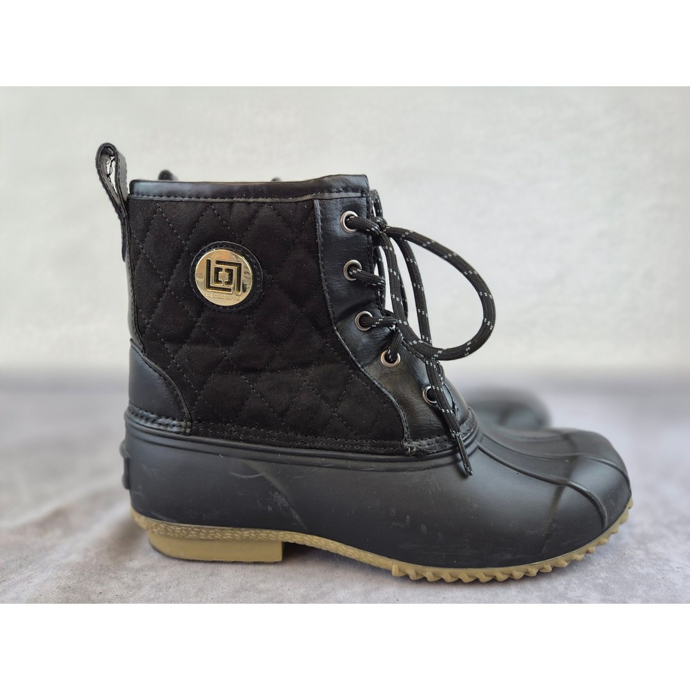 Liz Claiborne Womens Black Quilted Duck Boots Ankle Rain Snow Lace Up Size 9
